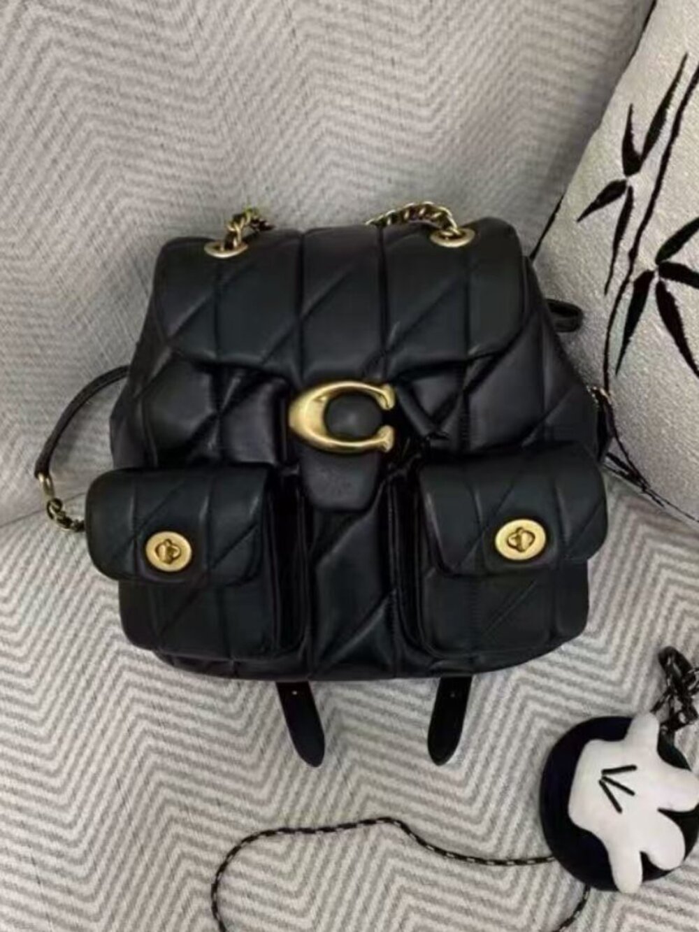 Coach Diamond Quilted Black Leather Chain Backpack Designer Flap Daypack
